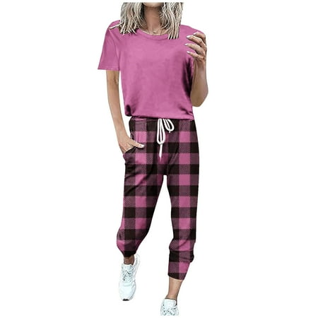 YEYLANERS Womens Joggers Sets 2 Piece Outfits Two Piece Set for Women Summer Short Sleeve Tops and Plaid Pockets Pants Lounge Suit with Drawstring Tracksuit Suits 2024 Pink XXXL