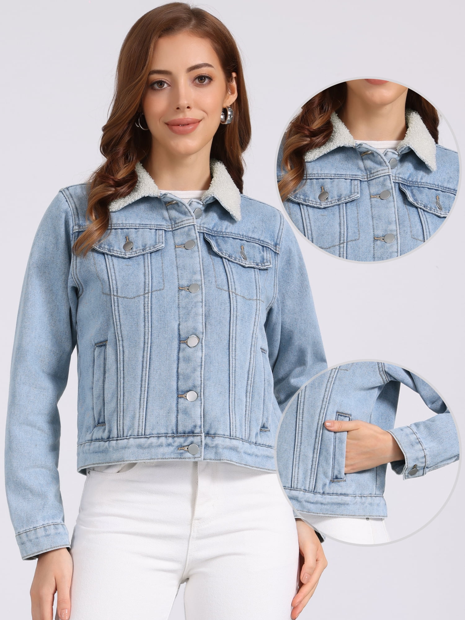 DARING DIVA Women's Fleece Lined Faux Fur Short Trucker Jean Jacket S Light Blue