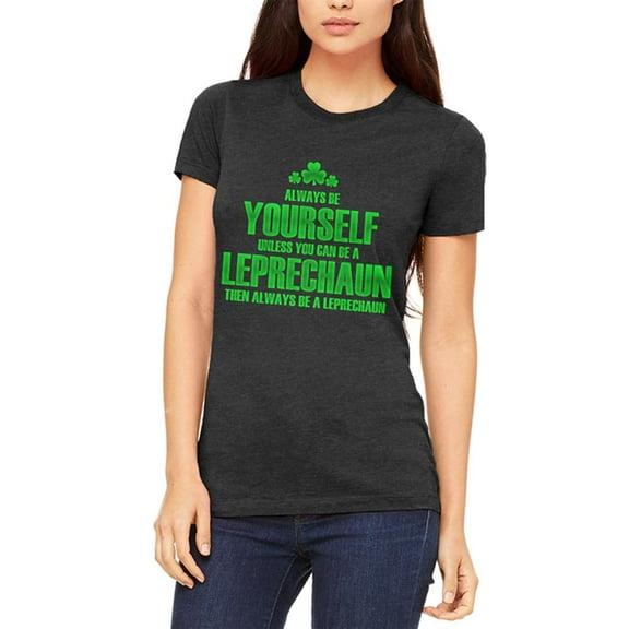 St. Patricks Day Always Be Yourself Leprechaun Juniors Soft T Shirt Heather Black MD
