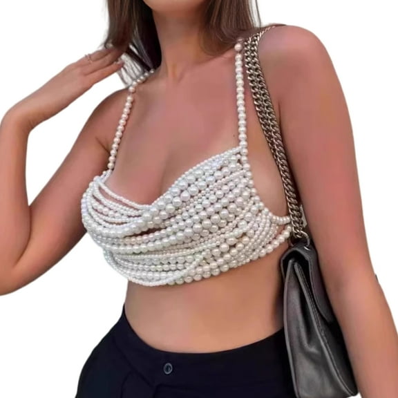 Huhudde Fashionable Halterneck Multi Layer Pearls Embellished Bustier Tube Top for Women Club Parties Body Jewelry Chest Chain