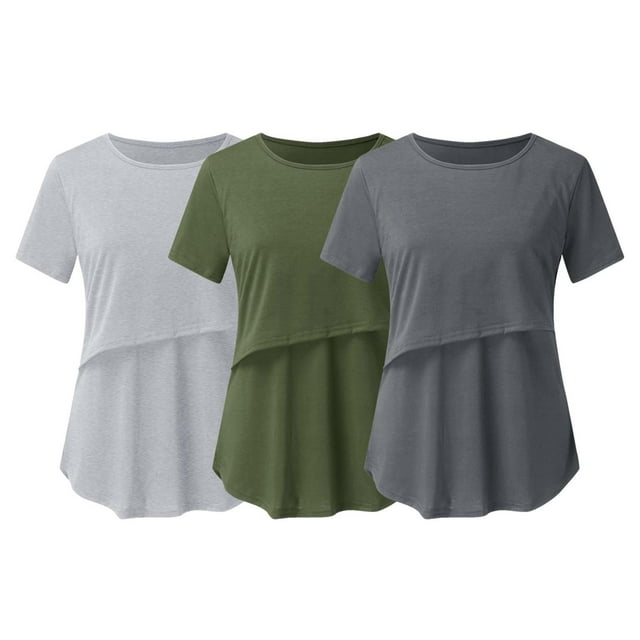 DPTALR Pregnant Pregnancy Nursing Short Sleeve Tops Solid Color Round Neck Breastfeeding Blouse