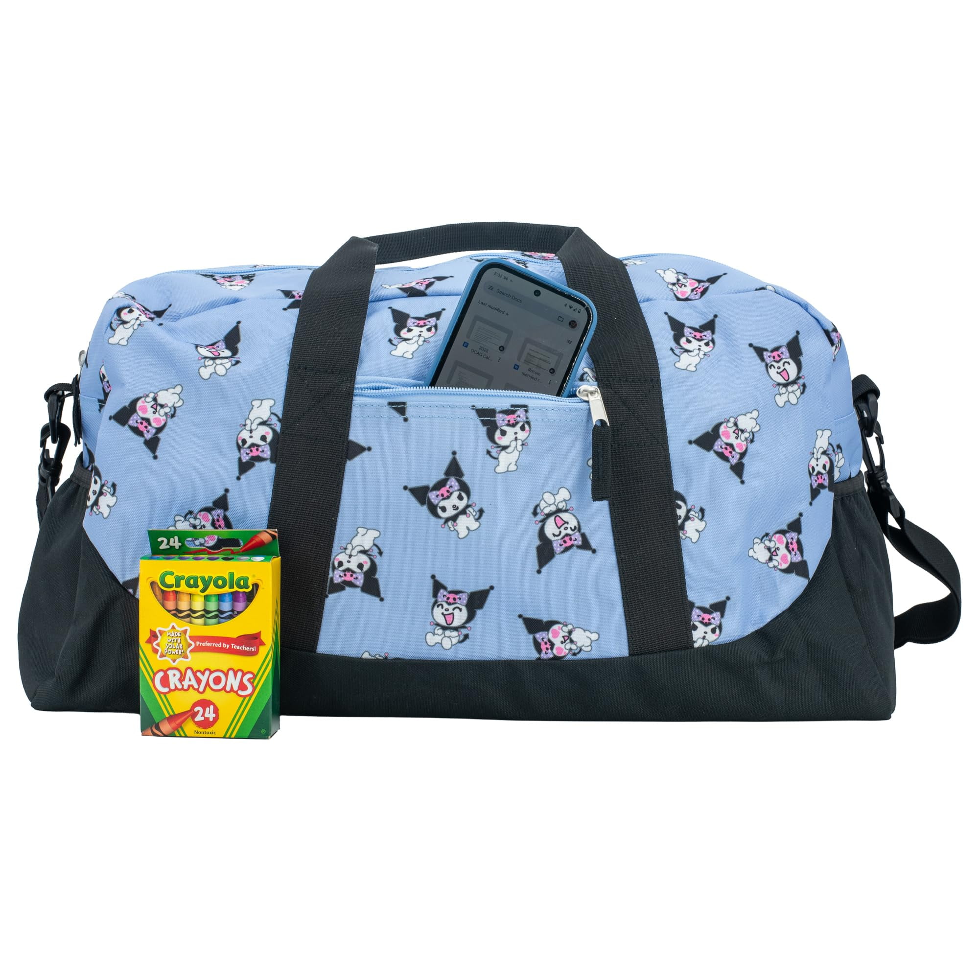 Kuromi Girls Duffle Bag, 16 x 10 x 6.5 inch, Travel Sleepover Dance Bag with Pockets, Purple