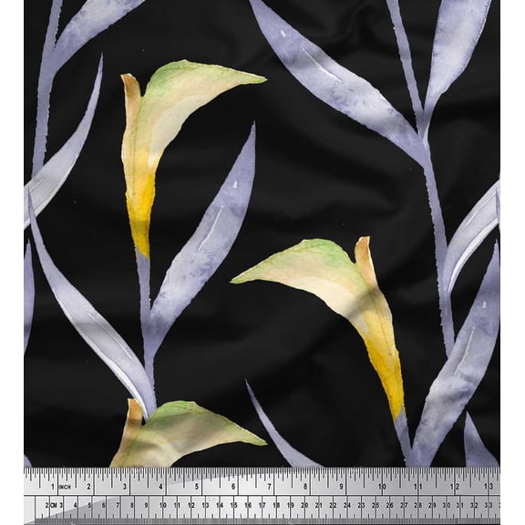 Soimoi Black Cotton Duck Fabric Leaves Watercolor Print Fabric by the Yard 42 Inch Wide