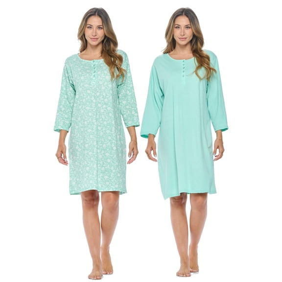 Casual Nights Women's Henley Nightshirts Set of 2, Floral 3/4 Sleeve Nightgowns & Solid Sleepwear Shirt - Mint