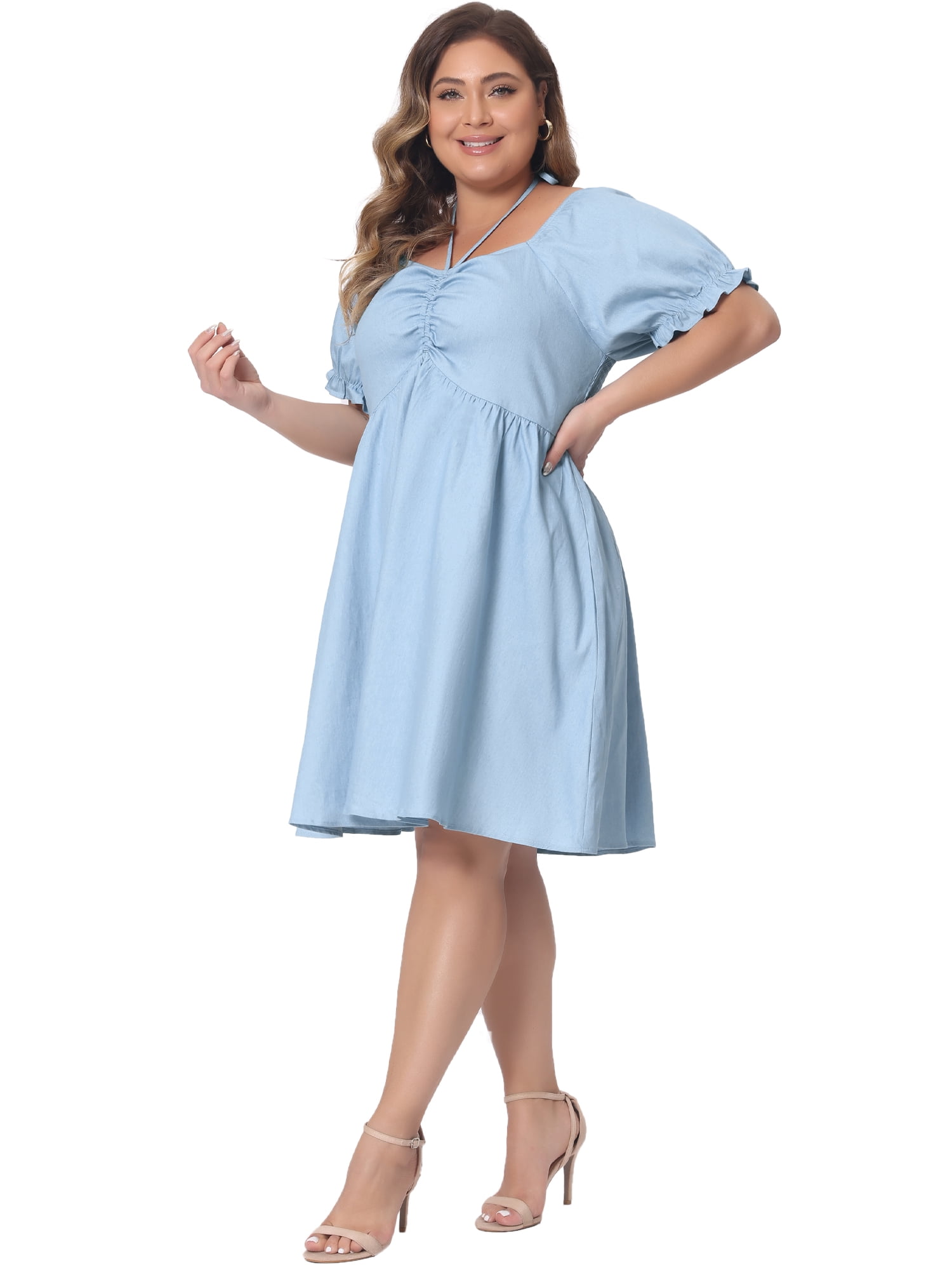 DARING DIVA Women's Plus Sweetheart Neck Puff Sleeve Dress 3X Light Blue