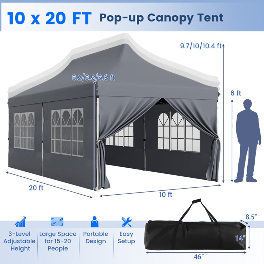 Aimee Lii 10 x 20 FT Pop up Canopy with 6 Sidewalls and Windows and Carrying Bag for Party Wedding Picnic, Canopy Gazebo for BBQ Events, Gray Aimee Lii 10 x 20 FT Pop up Canopy with 6 Sidewalls and Windows and Carrying Bag for Party Wedding Picnic, Canopy Gazebo for BBQ Events, Gray