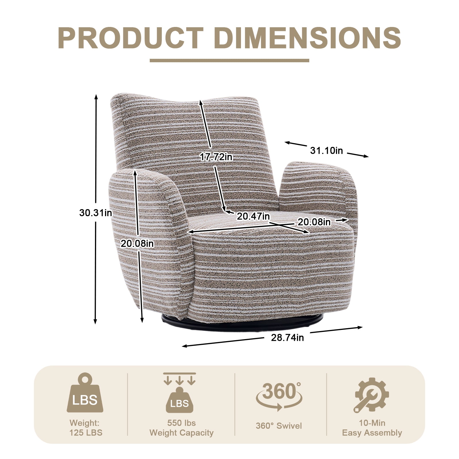 MOONMISS 360° Swivel Leisure Accent Chair with Striped Armrest, Sand-rimmed Fabric and Metal Base, Modern Style Armchair with Thick Cushion for Living Room, Bedroom and Balcony, Khaki