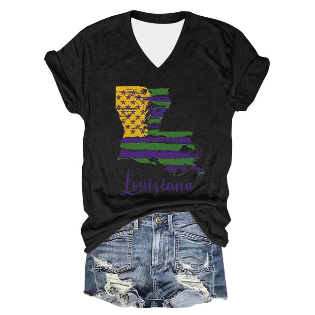 Camiseta de Manga Corta con Cuello en V Impresa para las Mujeres, 95% Poliéster 5% Spandex Vintage Top Ligero para Diario, Fiesta Y Primavera