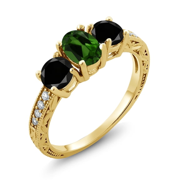 Gem Stone King 1.92 Ct Green Chrome Diopside Black Diamond 18K Yellow Gold Plated Silver Moissanite Ring (Size 7)
