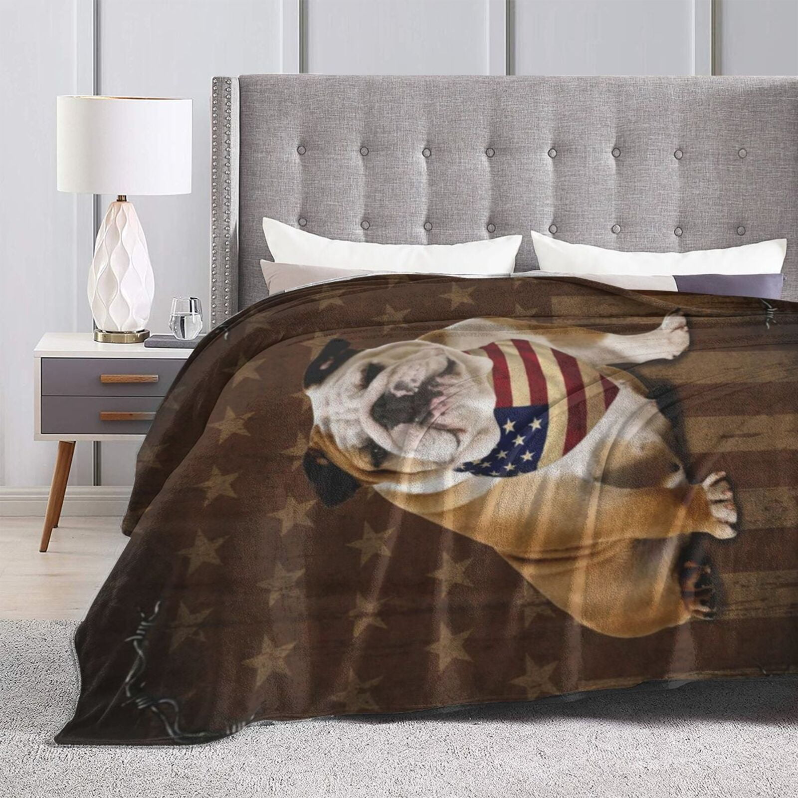 Wijzvio Bulldog Dog With Vintage American Flag Throw Blanket Soft Fuzzy Fleece Blanket For Couch Bed Living Room Decoration 60"X50"