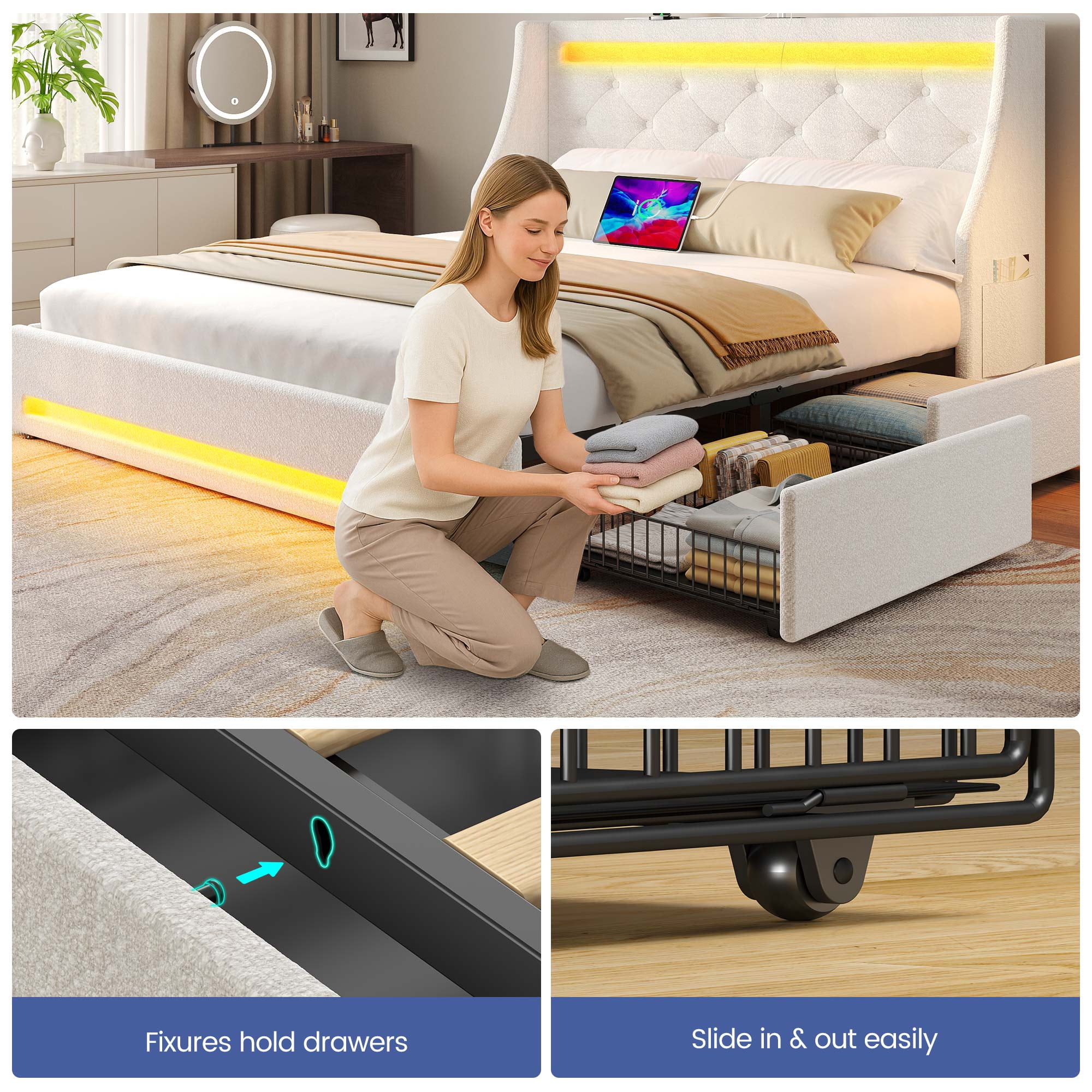 Greenstell Smart Charging Storage Bed Frame - 900lbs Capacity Noise-Free, Twin, Off White