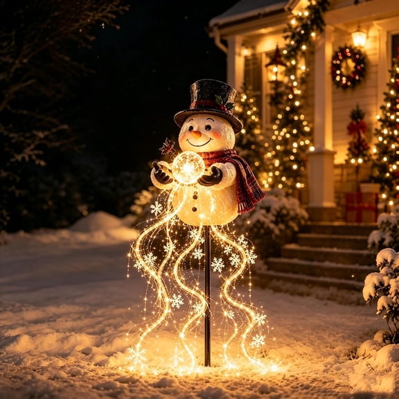 Snowman Magic Fountain - Flowing Snowflake LED Christmas Garden Light/Christmas Solar Garden Sonwman Stake Light, Solar Powered, Cascading Stars, Warm Glow, Outdoor Yard Decor