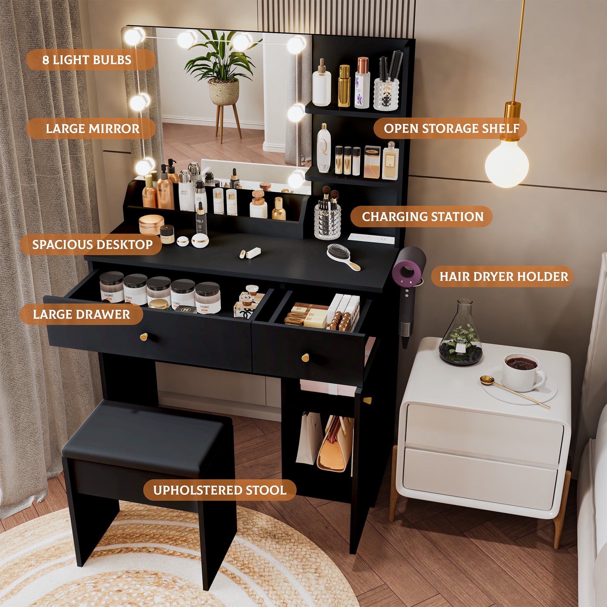 Vanity Desk with Mirror and Lights, Makeup Desk with Power Outlet Drawers Cabinet Stool, Vanity Table 3 Color Modes Adjustable Brightness Dressing Table Set for Bedroom