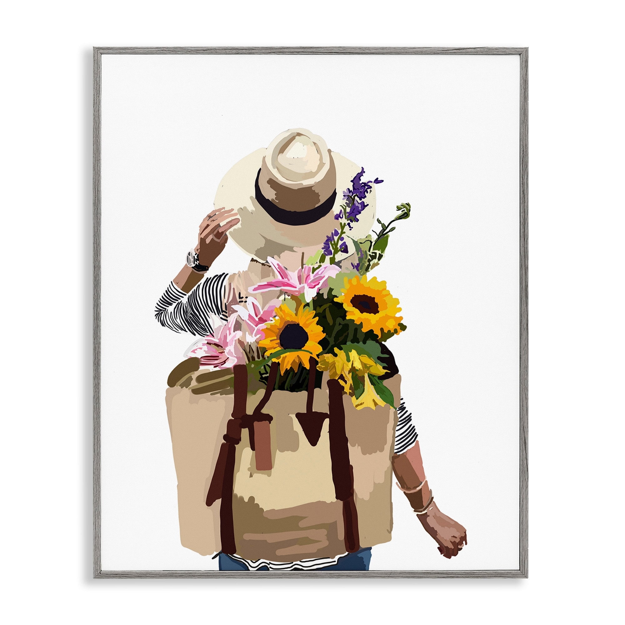 Stupell Industries Woman Carrying Floral Backpack Varied Sunflower Blossoms Graphic Art Gray Framed Art Print Wall Art, Design by Amelia Noyes