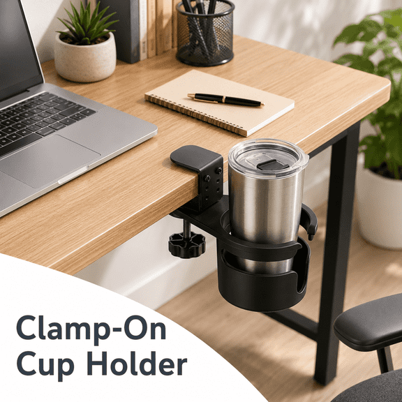 MORAVE Black Clamp-On Desk Cup Holder, Rotatable Anti-Spill Drink Stand for Water Bottle and Coffee Mug, Storage Accessory for Home, Office and School