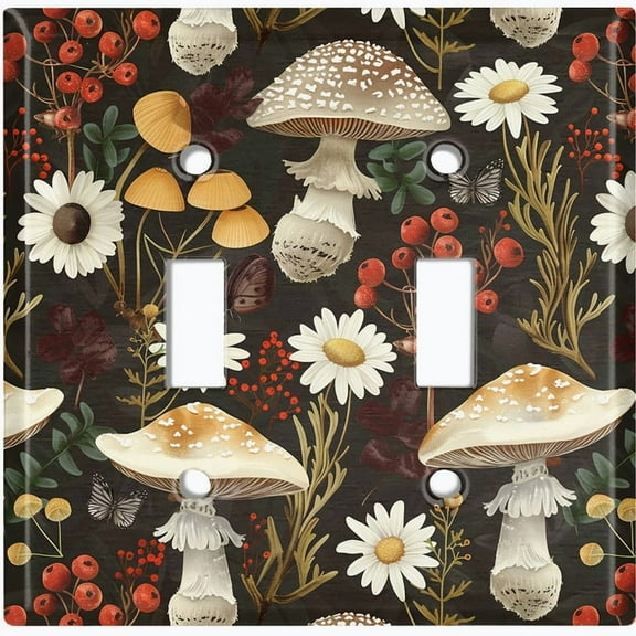 Metal Light Switch Wall Plate Outlet Cover (Botanical Mushrooms and Wildflowers - Double Toggle)