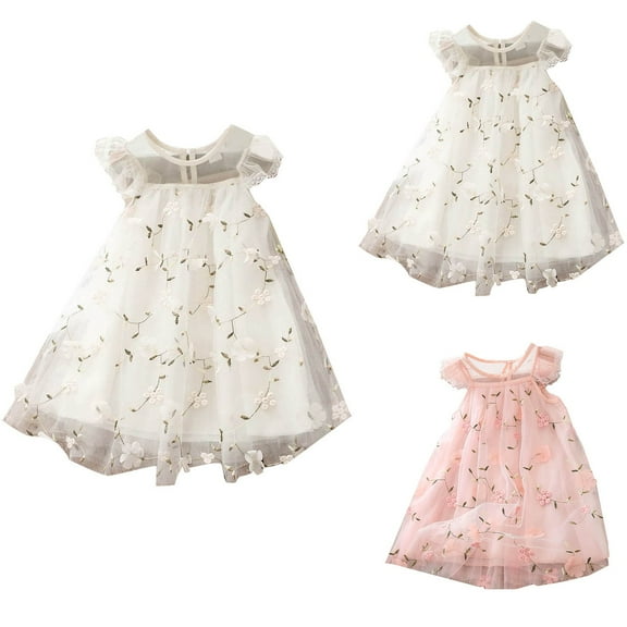 WRKEKC Girls Dresses Print Dress Short Ruffled Sleeve Round Neck Dress with Floral Pattern Tulle Fabric Elegant Gown for 1-9 Years Toddler Kids