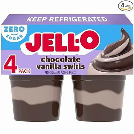 Jell-O Chocolate Vanilla Swirls Artificially Flavored Zero Sugar Ready-to-Eat Pudding Snack Cups, 4 ct Cups