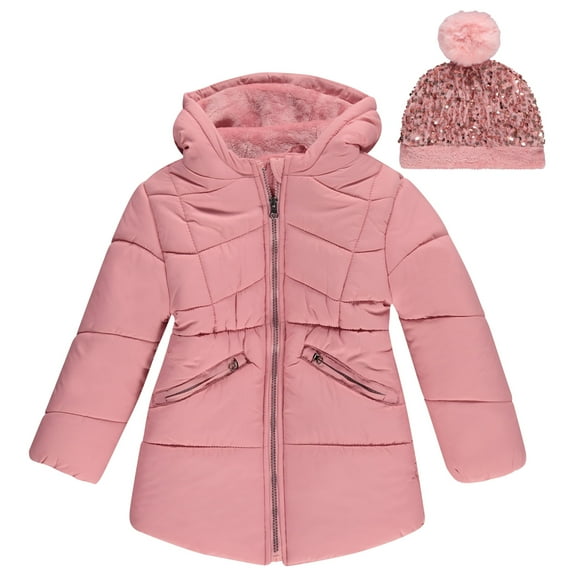 BTween Girls' Puffer Jacket, Warm and Lightweight Winter Coat, Water-Resistant, Hooded Outerwear for Kids, Rose, Sizes 10/12