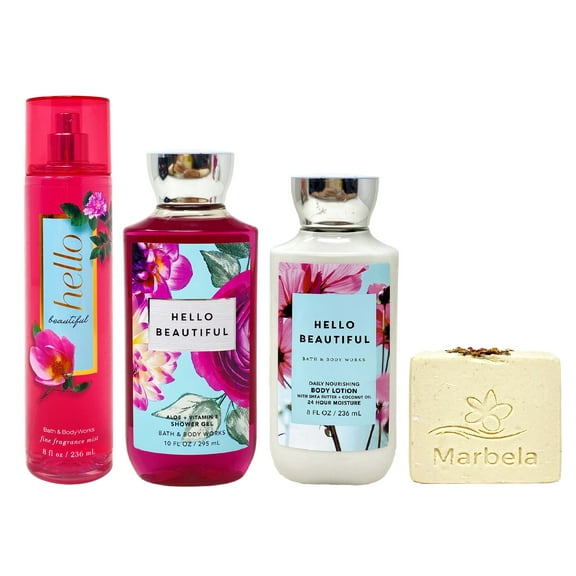 Bath & Body Works Hello Beautiful Trio Value Pack with a Marbela Creamy Rose Bar Soap - Fragrance Mist - Shower Gel and Body Lotion - Full Size