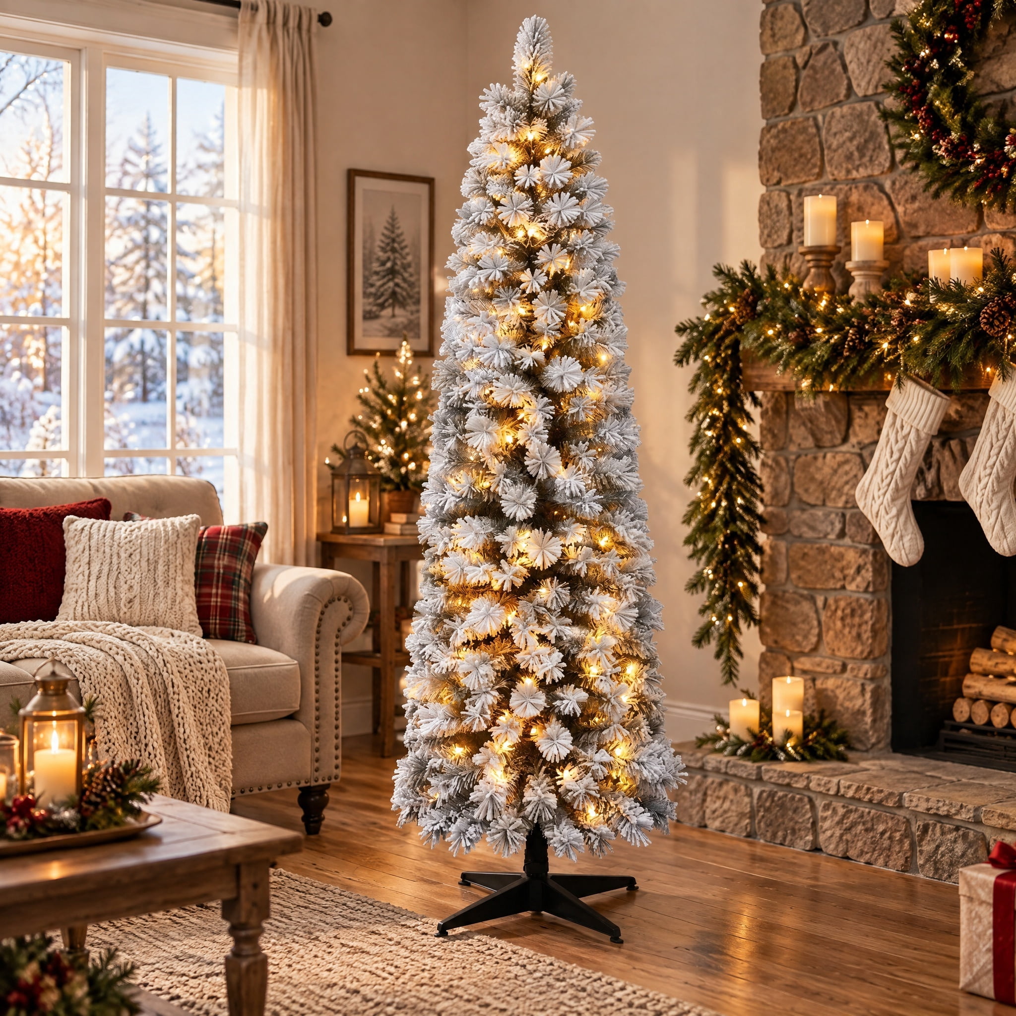7' Pre-Lit Colorado Snow-Flocked Green Artificial Christmas Tree with 190 Warm White Micro LED Lights and Stand, by Holiday Time