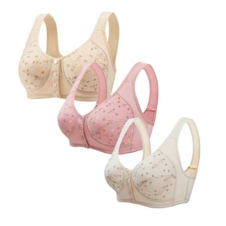 Ecqkame 3Pc Bras for Women No Underwire Wireless Lace Comfortable Breathable Bra Front Closure Push Up Plus Size Bras 3PC Beige S on Clearance