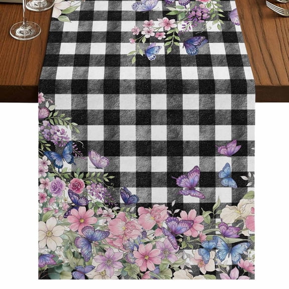Table Runners 72 Inches Long Dress Scarves, Spring Floral Farmhouse Kitchen/Dining Table Runner, Coffee Tablerunners, Black White Checkered Farmhouse Butterfly 14x72 Inch
