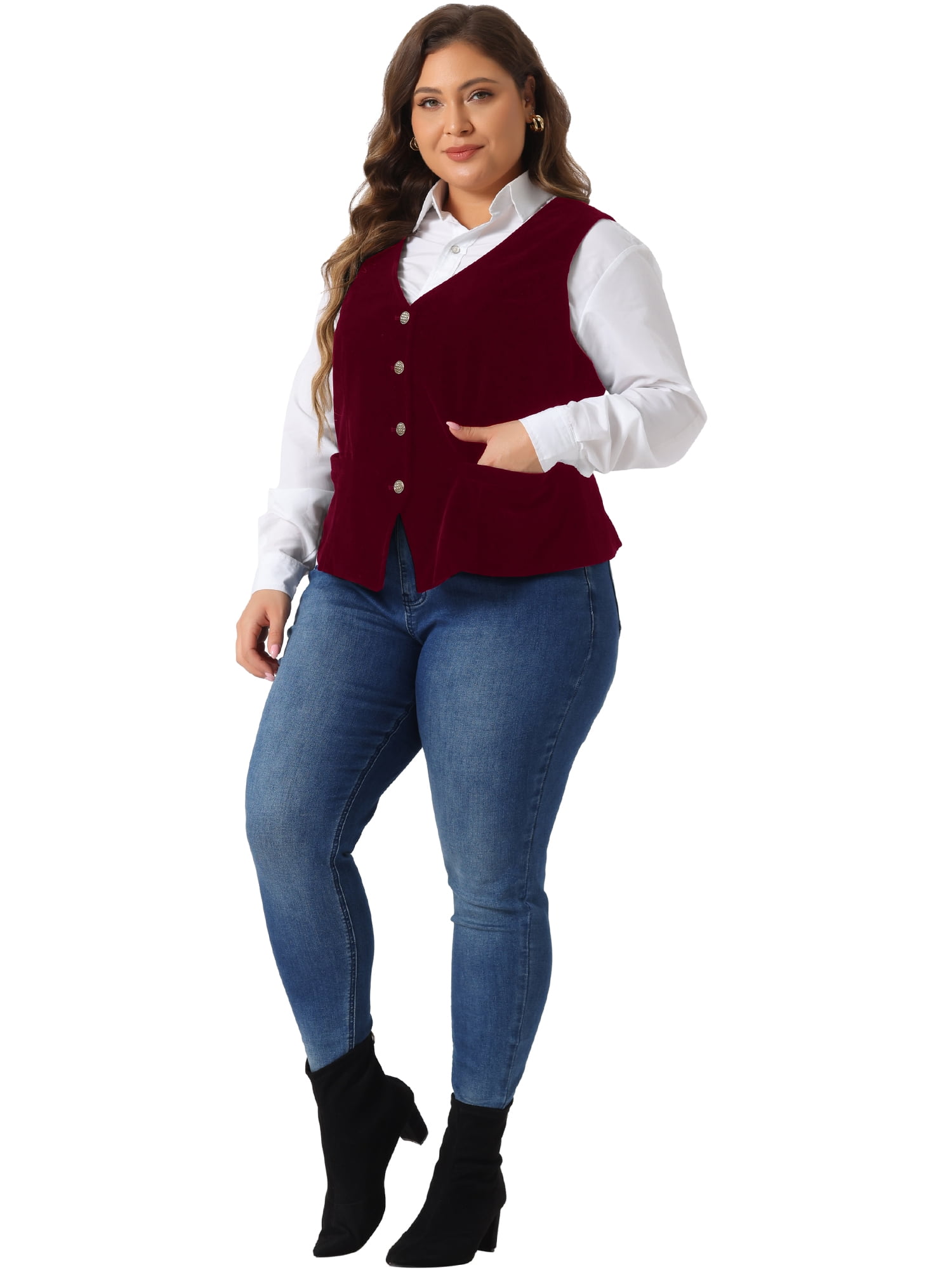 DARING DIVA Women's Plus Size Velvet Sleeveless Button Down V Neck Vest 4X Burgundy