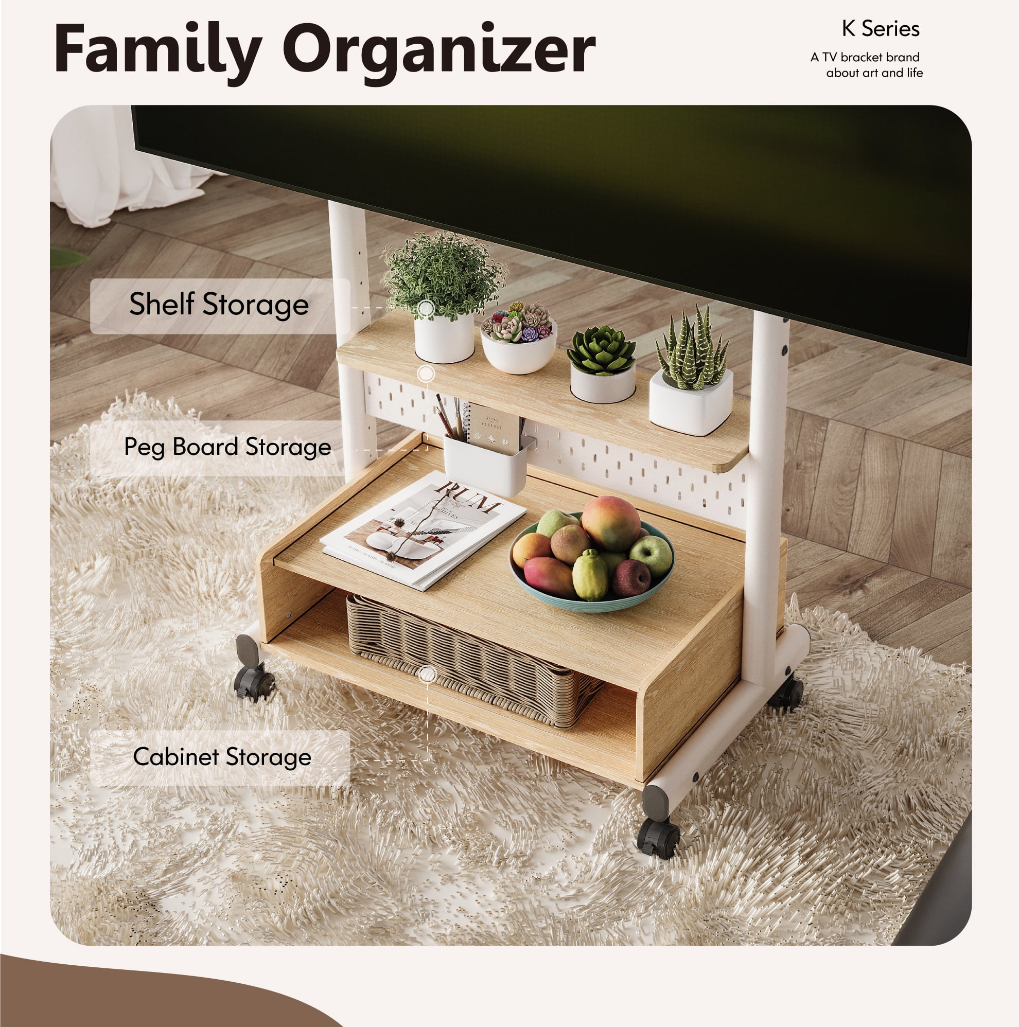 FITUEYES Sturdy Rolling TV Stand with Wheels for 40-85 inch Screens, Height Adjustable Mobile Cart, White