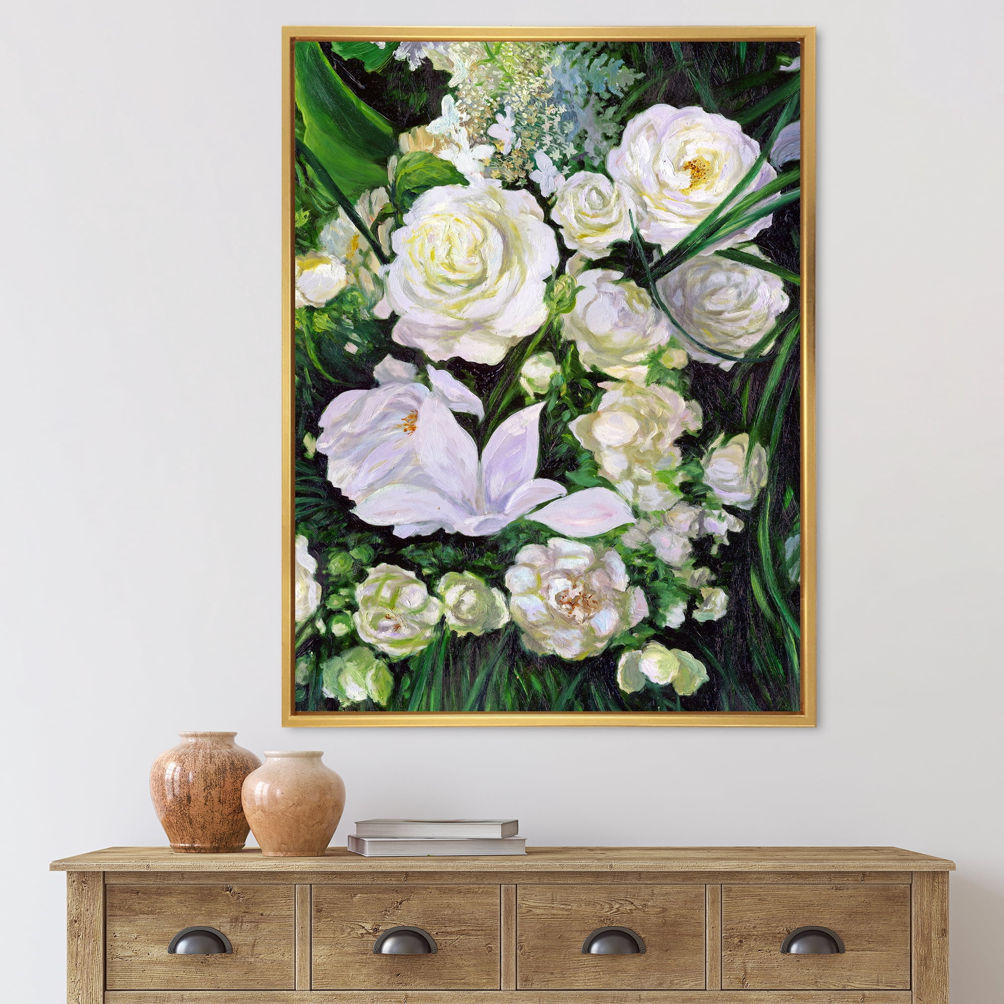 Bouquet Of White Roses With Green Leaves 12 in x 20 in Framed Painting Canvas Art Print, by Designart