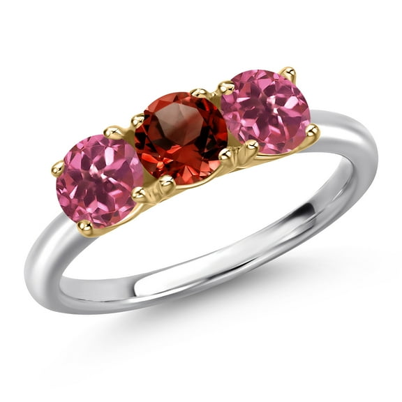 Gem Stone King 10K Two Tone Gold Red Garnet and Pink Tourmaline Engagement Ring for Women | 1.59 Cttw | Round 5MM | Gemstone January Birthstone | Size 6