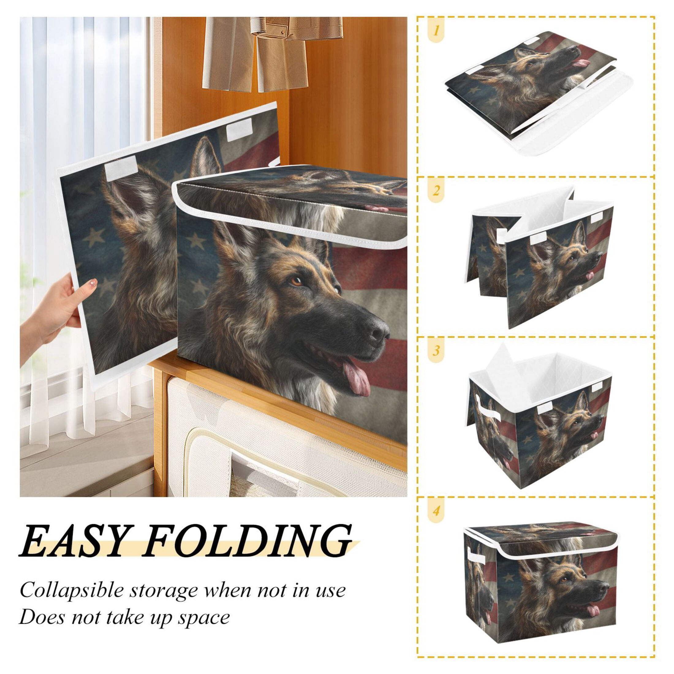 Storage Box With Lid 16.5x12.6x11.8In Lidded Home Storage Bins Foldable Stacked Household Storage Box German Shepherd Photo