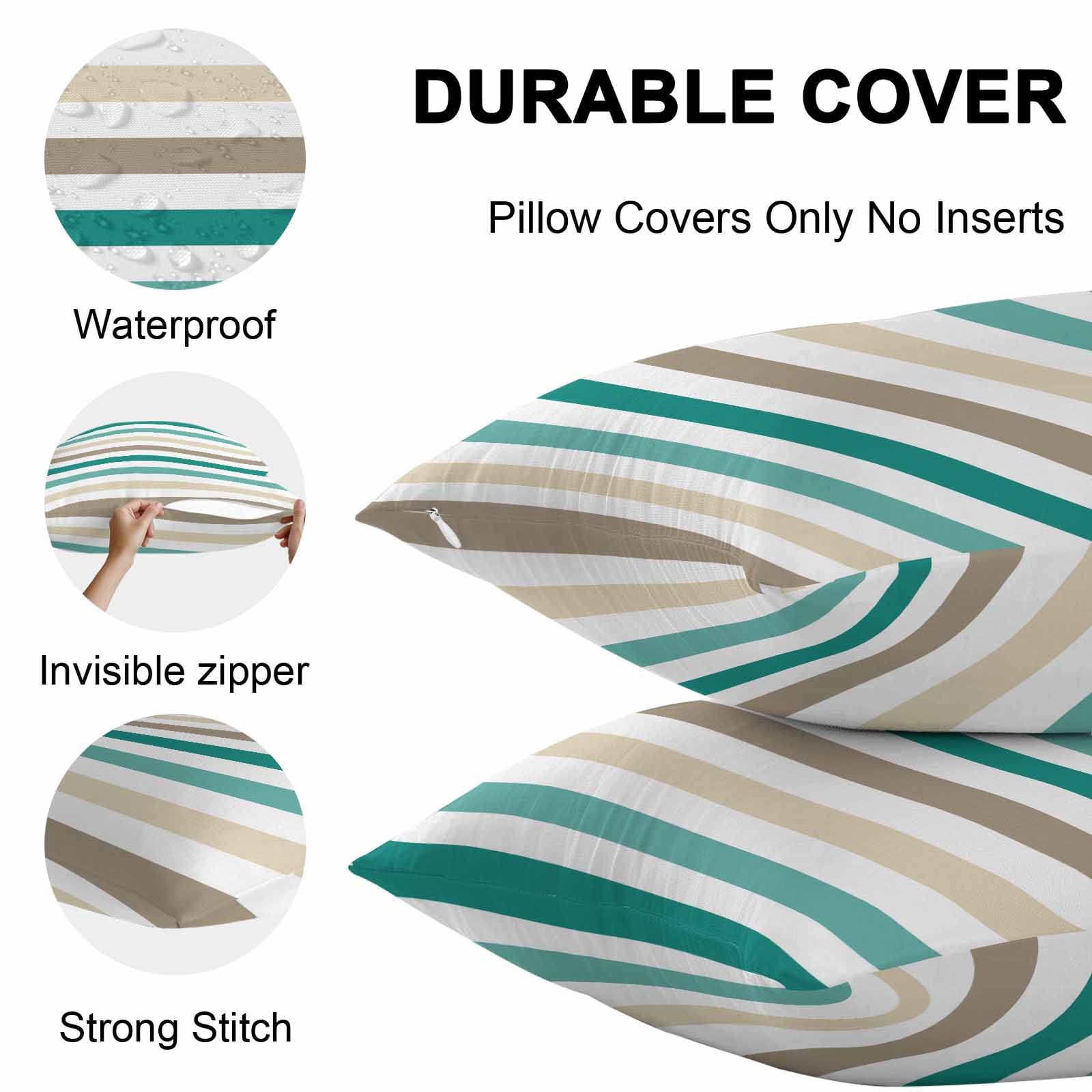 Brown Beige Teal White Striped Outdoor Pillow Covers Set of 2 Modern Minimalist Lines Waterproof Throw Pillow Case Decorative Square Cushion Cover for Patio Couch Garden Balcony, 20"x12"