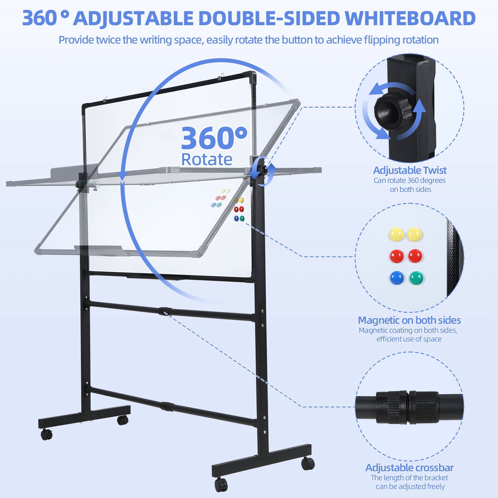 Rolling Dry Erase Board, 40 x 28 Inch Large Magnetic Mobile Standing Whiteboard, Height Adjustable Double Sided Easel Style White Board with Stand for Office, Classroom & Home