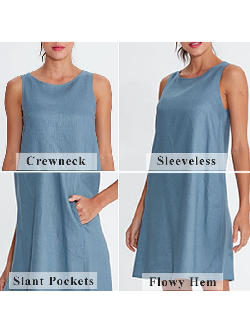 Amazhiyu Women's Linen Sleeveless Shift Dress with Pockets Crew Neck Casual Tank Dress