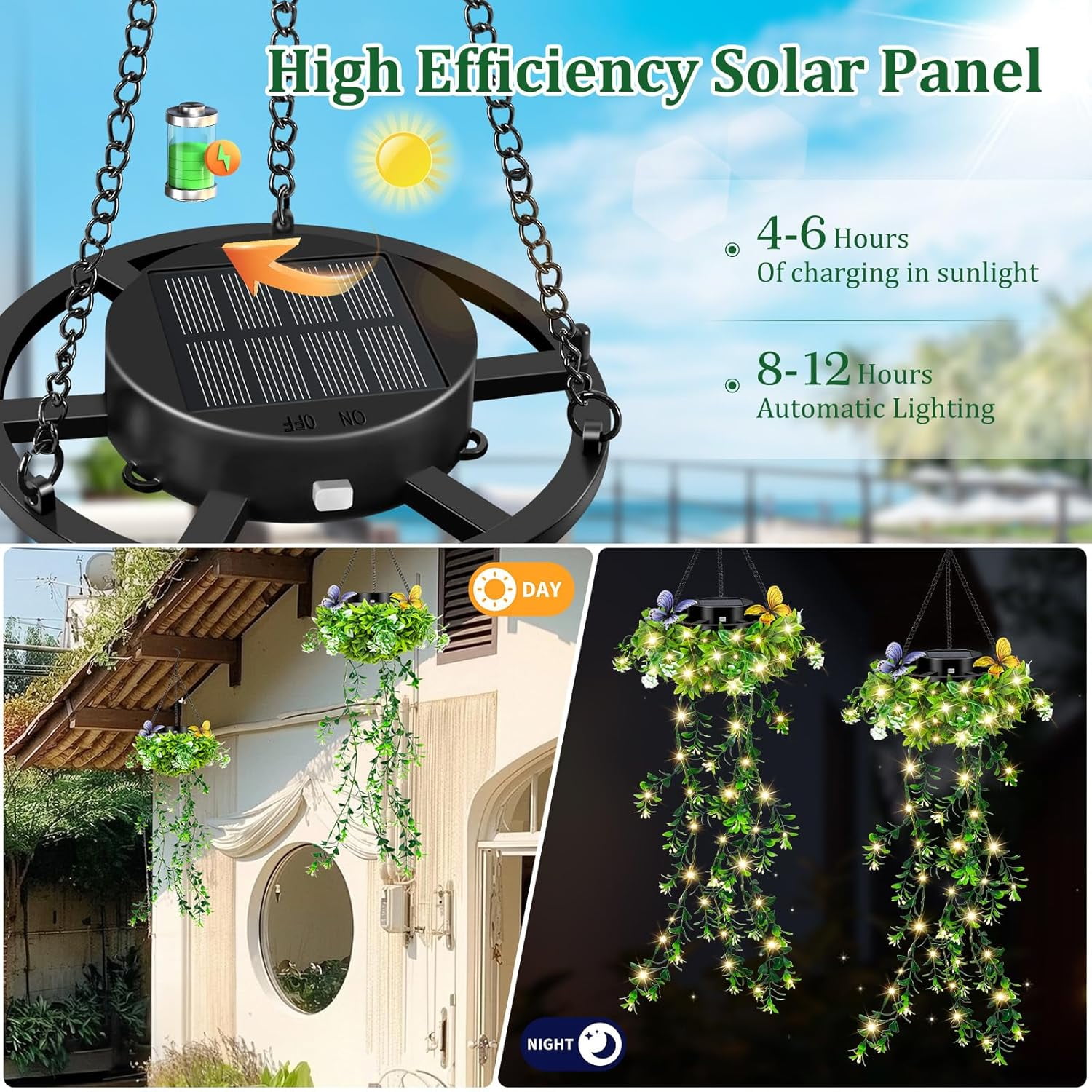 Solar Hanging Garden Lights, IP65 Waterproof Outdoor Hanging Artificial Plants Garden Lights with Artificial Ivy Flower Fairy String Lights for Patio Porch Balcony Spring Garden Decor (2PCS)
