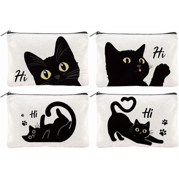 4Pcs Black Cat Makeup Bags 5.91x9.06 inch Cute Animal Canvas Cosmetic Bags with Zipper Canvas Travel Toiletry Pouches