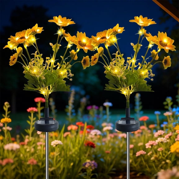 Rirool Solar Sunflower Lights Outdoor 2 Pack, 12 Heads Warm White LED Solar Flower Lights, IP65 Waterproof Solar Garden Stake Lights Auto On/Off for Yard Patio Lawn Decoration