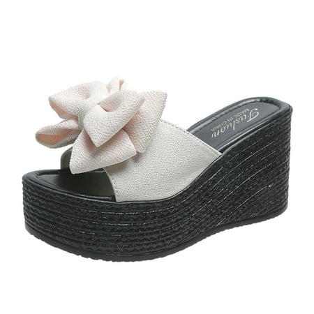 

Ladies Fashion Cloth Bow Fish Mouth Platform Wedge Heel Casual Slippers