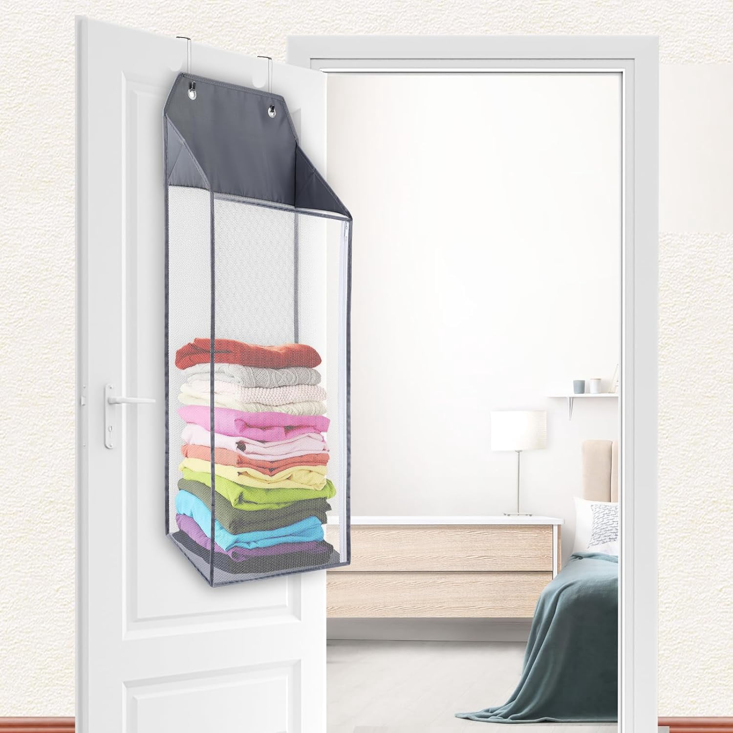 ABCISI 2 Packs Large Hanging Laundry Hamper with Hooks, Over the Door Mesh Hamper with Zipper for Dirty Clothes Organizer, Collapsible Wall Hanging Laundry Basket for Bathroom, Dormitory, Grey