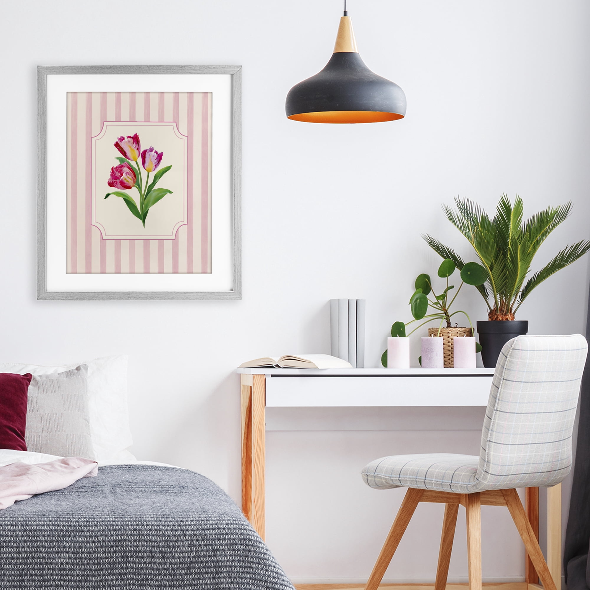 Stupell Industries Magenta Tulips over Stripes Gray Framed Print Under Glass, design by Diane Neukirch