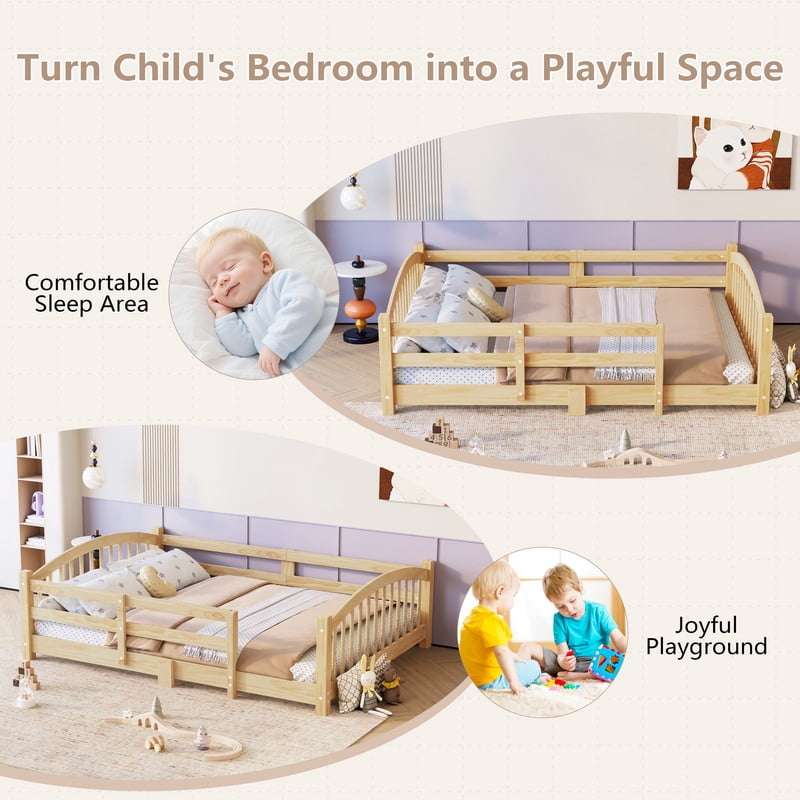 Bellemave Twin Floor Bed with Safety Guardrails, Montessori with Rails and Openings, Twin Size Bed Frame with Fence and Slats, No Box Spring Needed（Natural)
