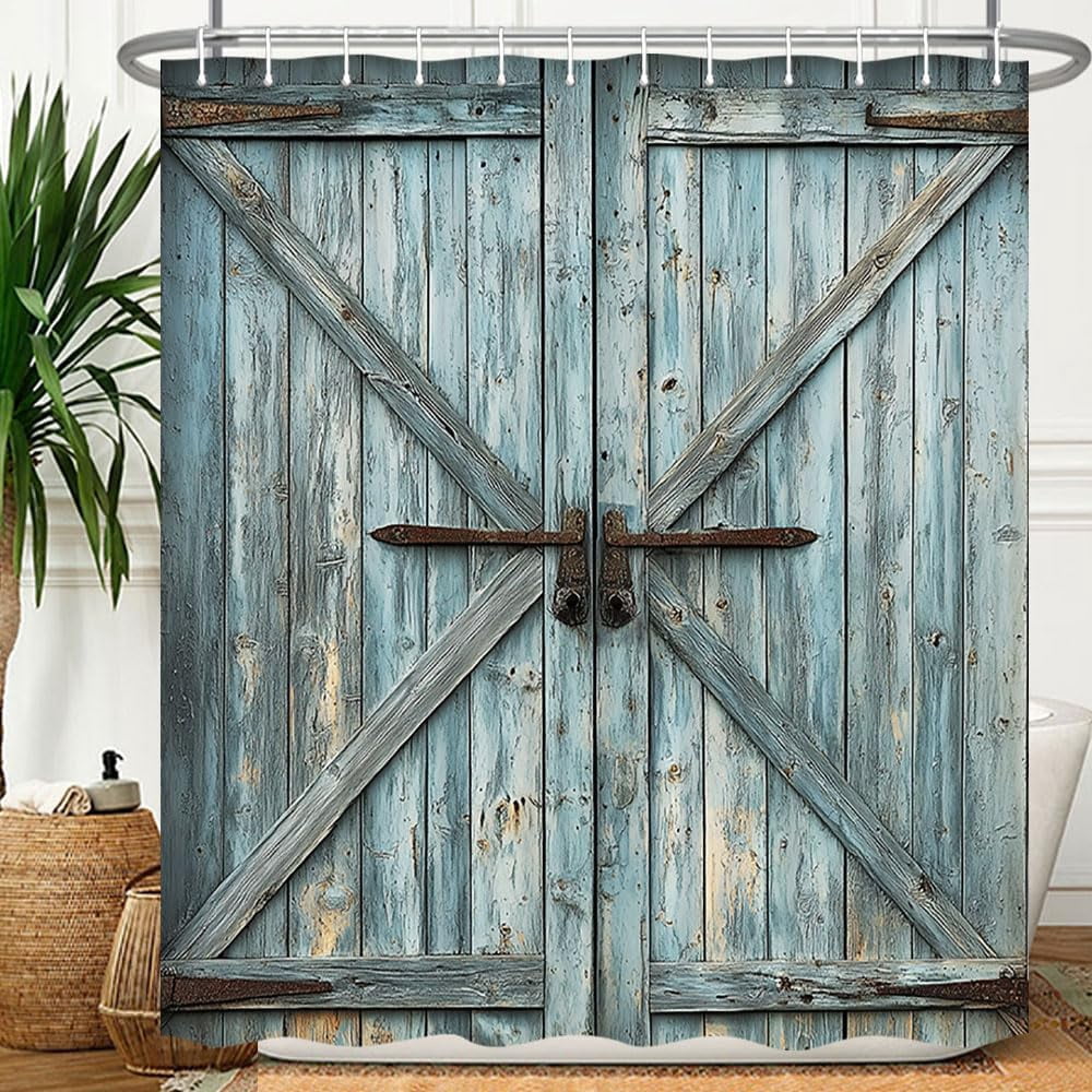 Wooden Barn Door Shower Curtain, Rustic Wooden Garage Door Shower Curtain Vintage Wood Farmhouse Shower Curtain, Country Barn Door Shower Curtain with Hooks, 72X72 Inch, Blue