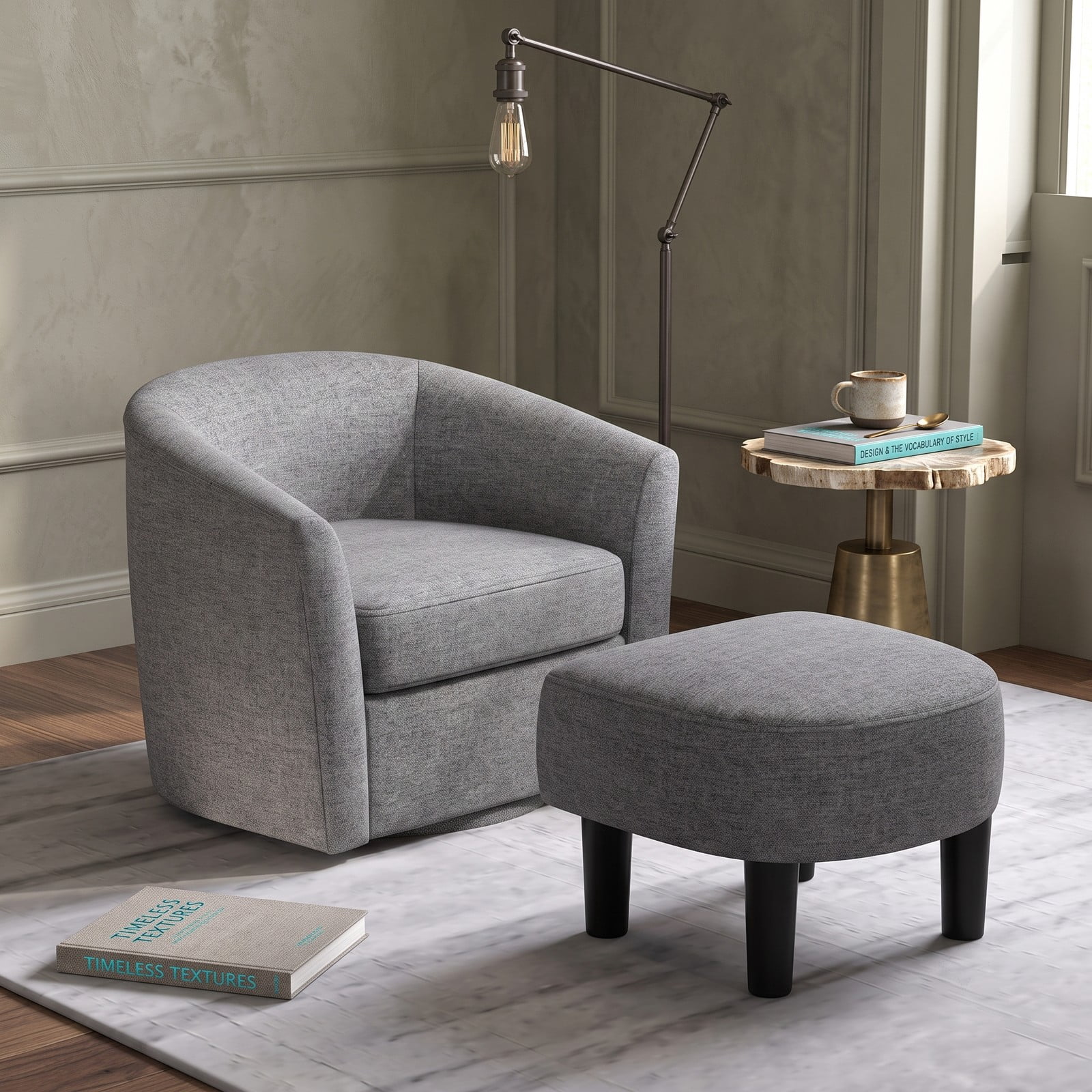 Furnibear Modern Club Swivel Accent Chair with Ottoman Footrest, 360-Degree Swivel Upholstered Linen Reading Armchair with Curved Backrest and Removable Cushion, Gray