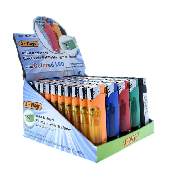 5 Flags Lighter With Colored LED Light 50 Count Bulk Tray