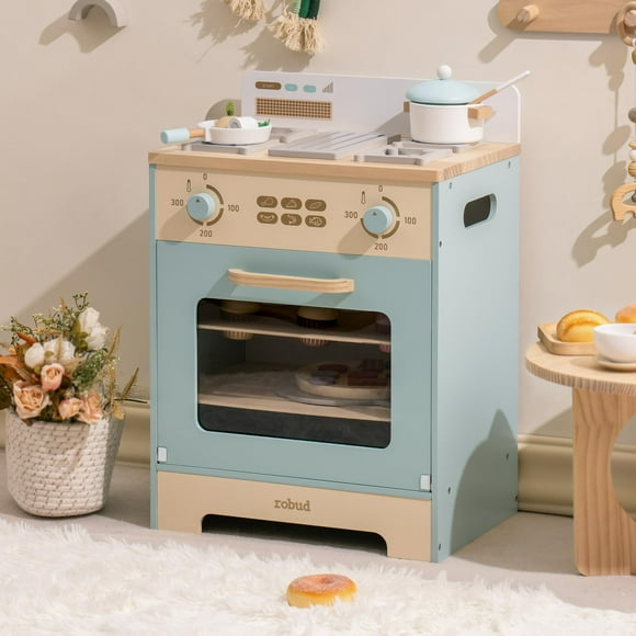 ROBOTIME Wooden Toy Kitchen Oven Playset, Montessori Pretend Play Kitchen Accessories with Pizza and Cupcakes Food Toys, Wooden Pizza Oven Set Toys for Toddlers & Kids Toy Oven