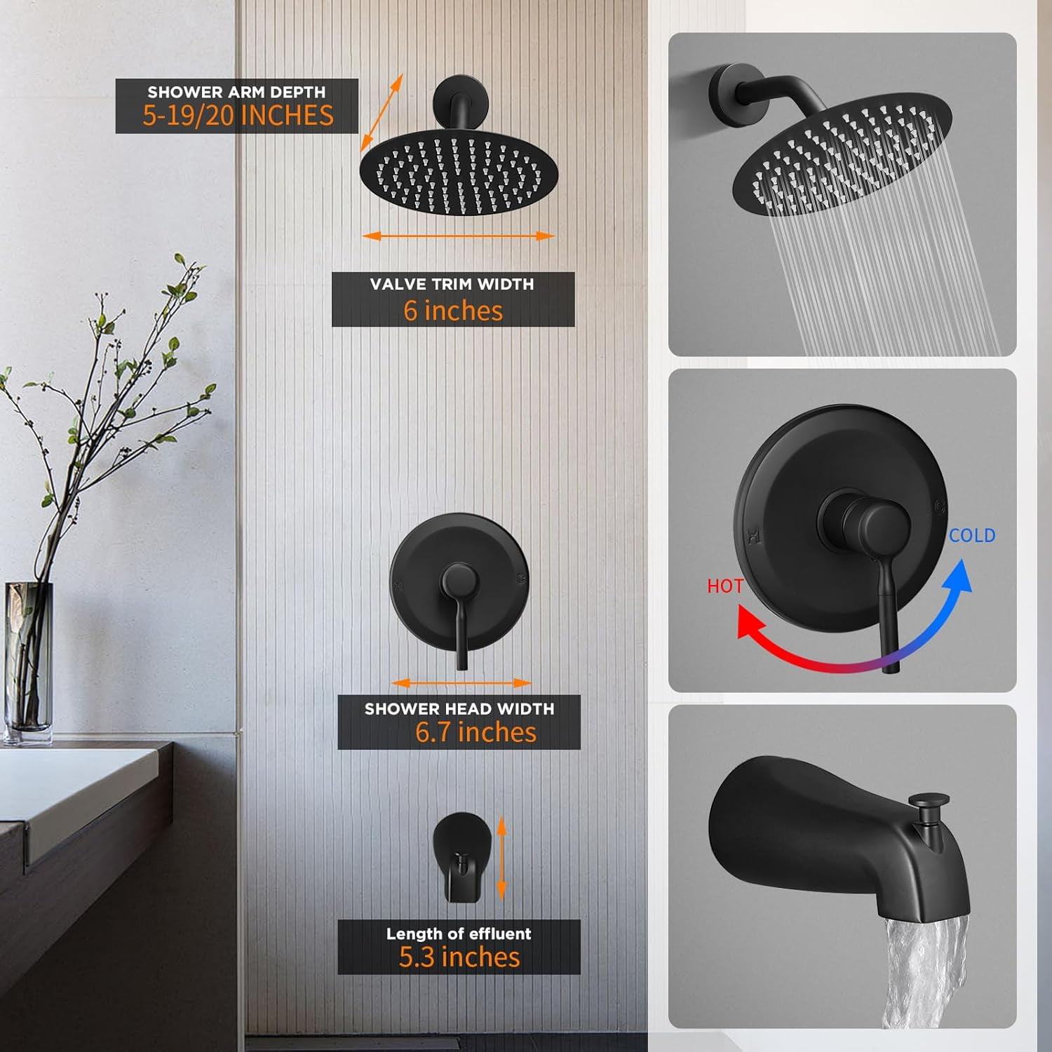 Tub Shower Faucet Set Vae Included with 6-Inch Rain Shower Head and Tub Spout Single-Handle Tub and Shower Trim Kit Matte Black