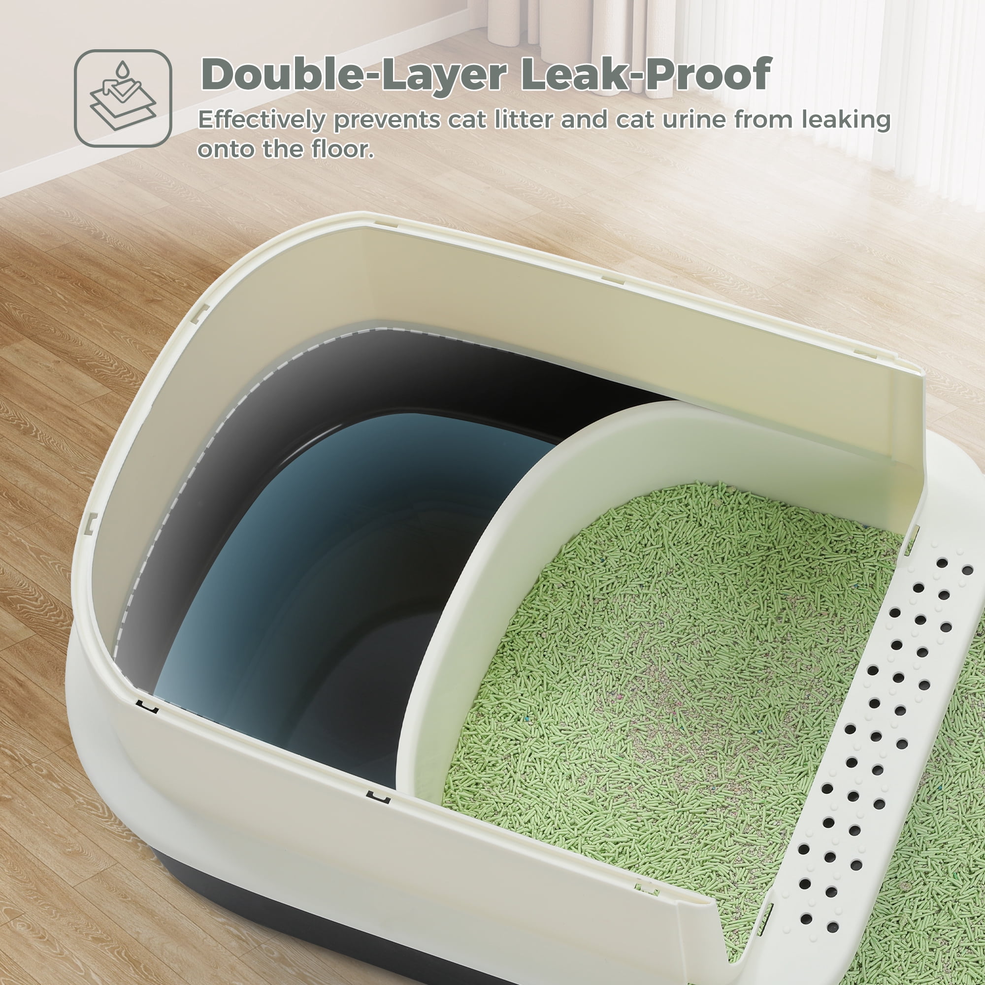 PAWZ Road Large Cat Litter Box with Scoop Litter Box with Lid Double-layer Leak-proof Litter Box for Cat, Black
