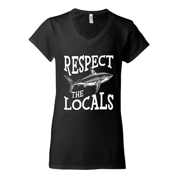 Wild Bobby Respect The Locals Save Our Oceans Shark Animal Lover Women Standard V-Neck Tee, Black, Small