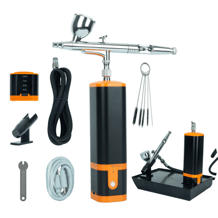 Airbrush Kit with Compressor Rechargeable handhold portable air brush kit cordless Gravity Feed Dual Action 0.3mm Nozzle 2 Batteries Power Display Compact for Models DIY Painting, Orange